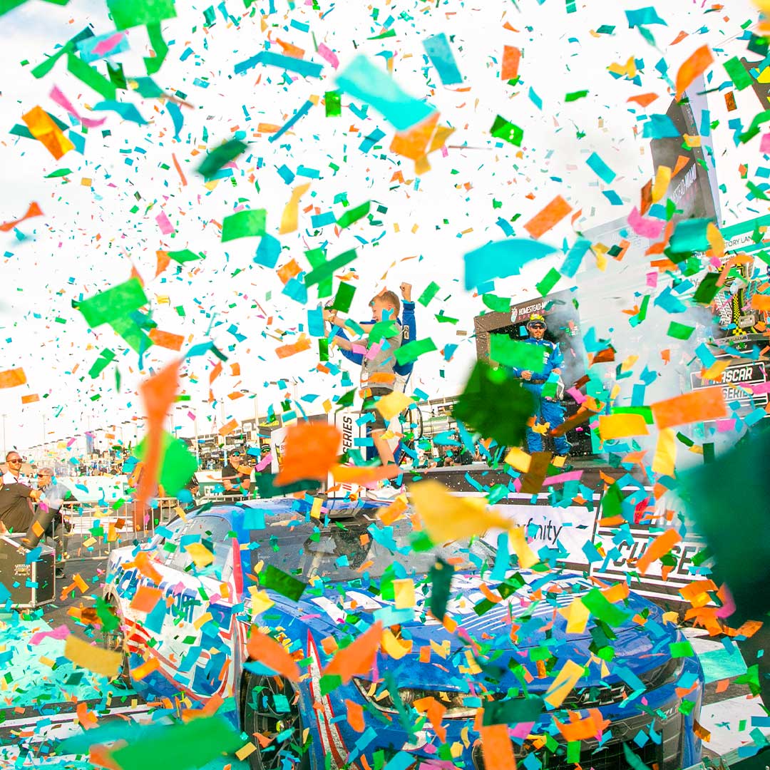 Confetti drop in Victory Lane