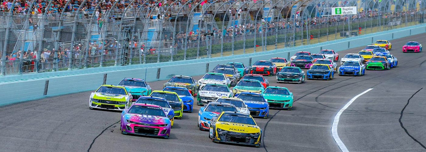 MARCH 23: Alex Bowman, driver of the #48 Ally Unrivaled League Chevrolet, and Carson Hocevar, driver of the #77 Zeigler Auto Group Chevrolet, race during the NASCAR Cup Series Straight Talk Wireless 400 at Homestead-Miami Speedway on March 23, 2025 in Homestead, Florida. (Photo by Chris Graythen/Getty Images)