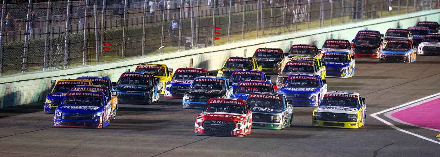 MARCH 21: Corey Heim, driver of the #11 Safelite Toyota, and Kyle Larson, driver of the #07 HendrickCars.com Chevrolet, lead the field during the NASCAR Craftsman Truck Series Baptist Health 200 at Homestead-Miami Speedway on March 21, 2025 in Homestead, Florida. (Photo by James Gilbert/Getty Images)