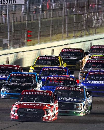 MARCH 21: Corey Heim, driver of the #11 Safelite Toyota, leads the field during the NASCAR Craftsman Truck Series Baptist Health 200 at Homestead-Miami Speedway on March 21, 2025 in Homestead, Florida. (Photo by James Gilbert/Getty Images)